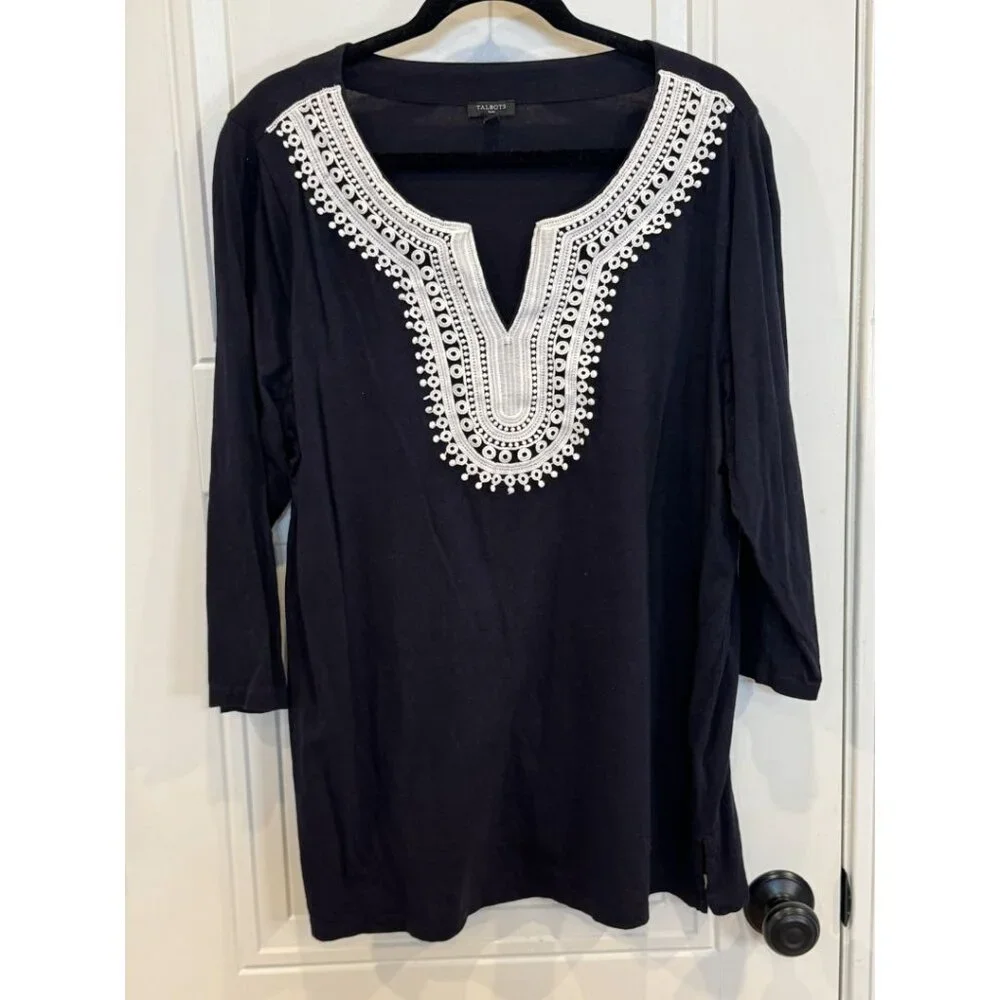 Talbots 2xl Navy with White Lace Detail 3/4 Length Sleeves EUC